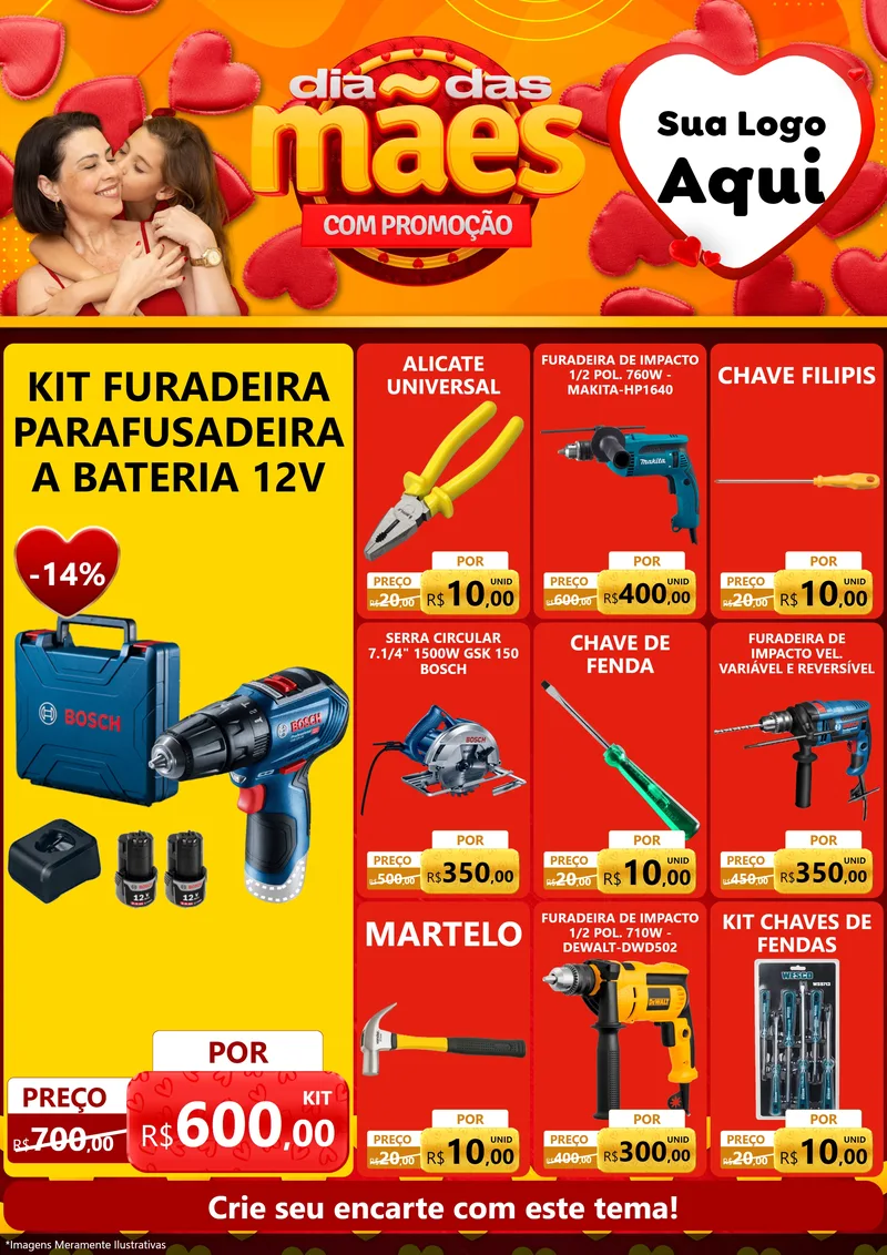 Modelo de Encarte para Encarte A4 Vertical com o tema Dia das Mães com Promoção para Maquinas e Ferramentas