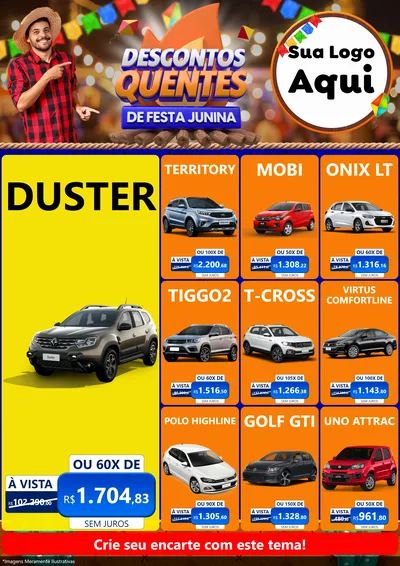 Modelo de Encarte para Encarte A4 Vertical com o tema Descontos Quentes de Festa Junina para Concessionaria de Carros