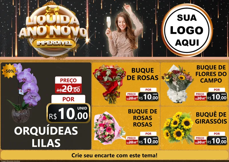Modelo de Encarte para Encarte A4 Horizontal com o tema Liquida Ano Novo Imperdível para Floricultura e jardim