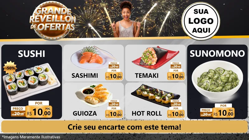 Modelo de TV para TV Horizontal com o tema Grande Réveillon de Ofertas para Comida japonesa