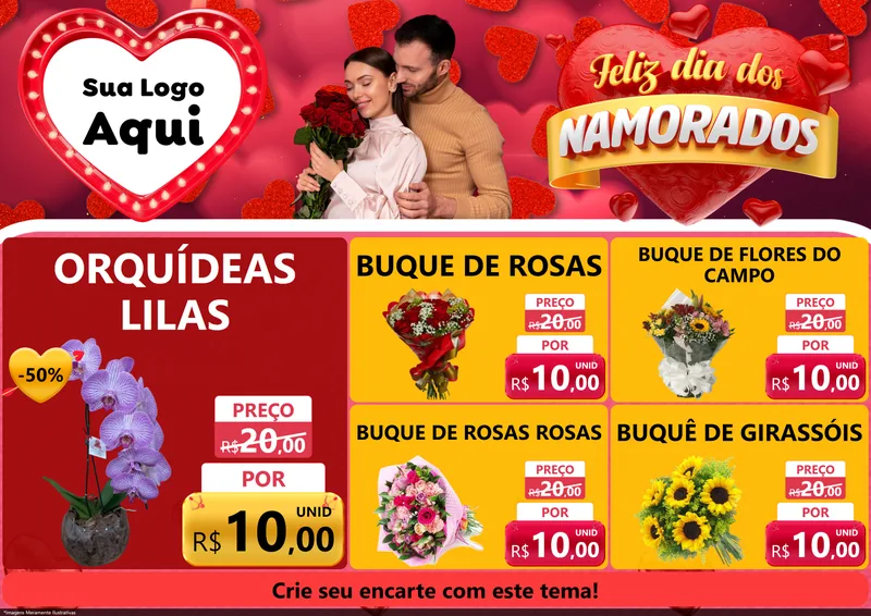 Modelo de Encarte para Encarte A4 Horizontal com o tema Feliz Dia Dos Namorados para Floricultura e jardim