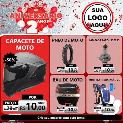 Modelo de Rede Social para Feed Facebook com o tema Promoção de Aniversário - 2 Anos para Moto peças