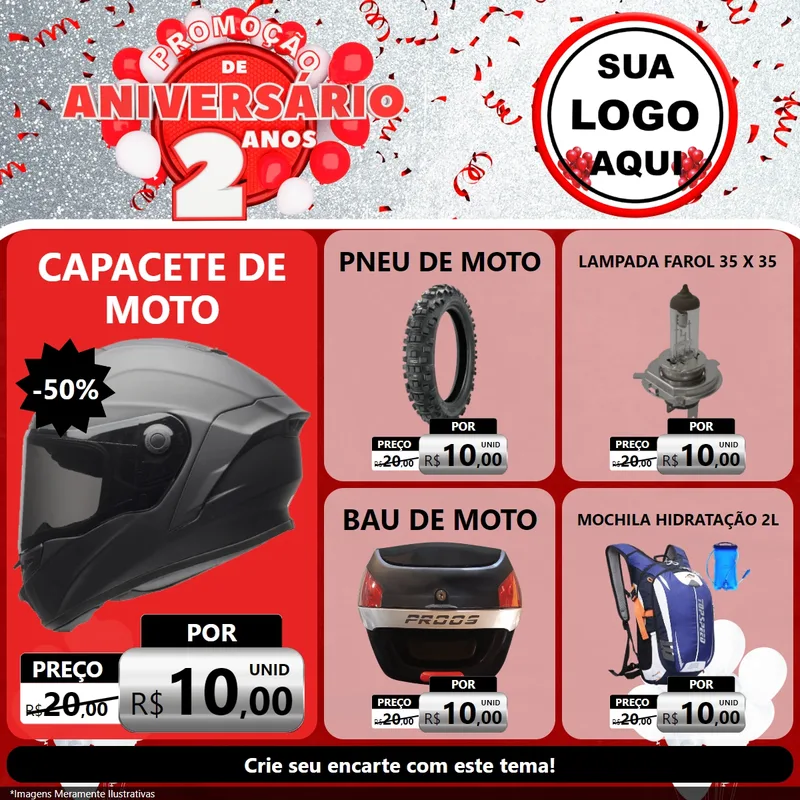 Modelo de Rede Social para Feed Facebook com o tema Promoção de Aniversário - 2 Anos para Moto peças