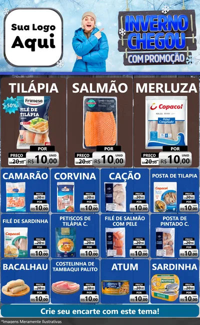 Modelo de Encarte para Encarte Grande com o tema Inverno Chegou Com Promoção para Peixaria