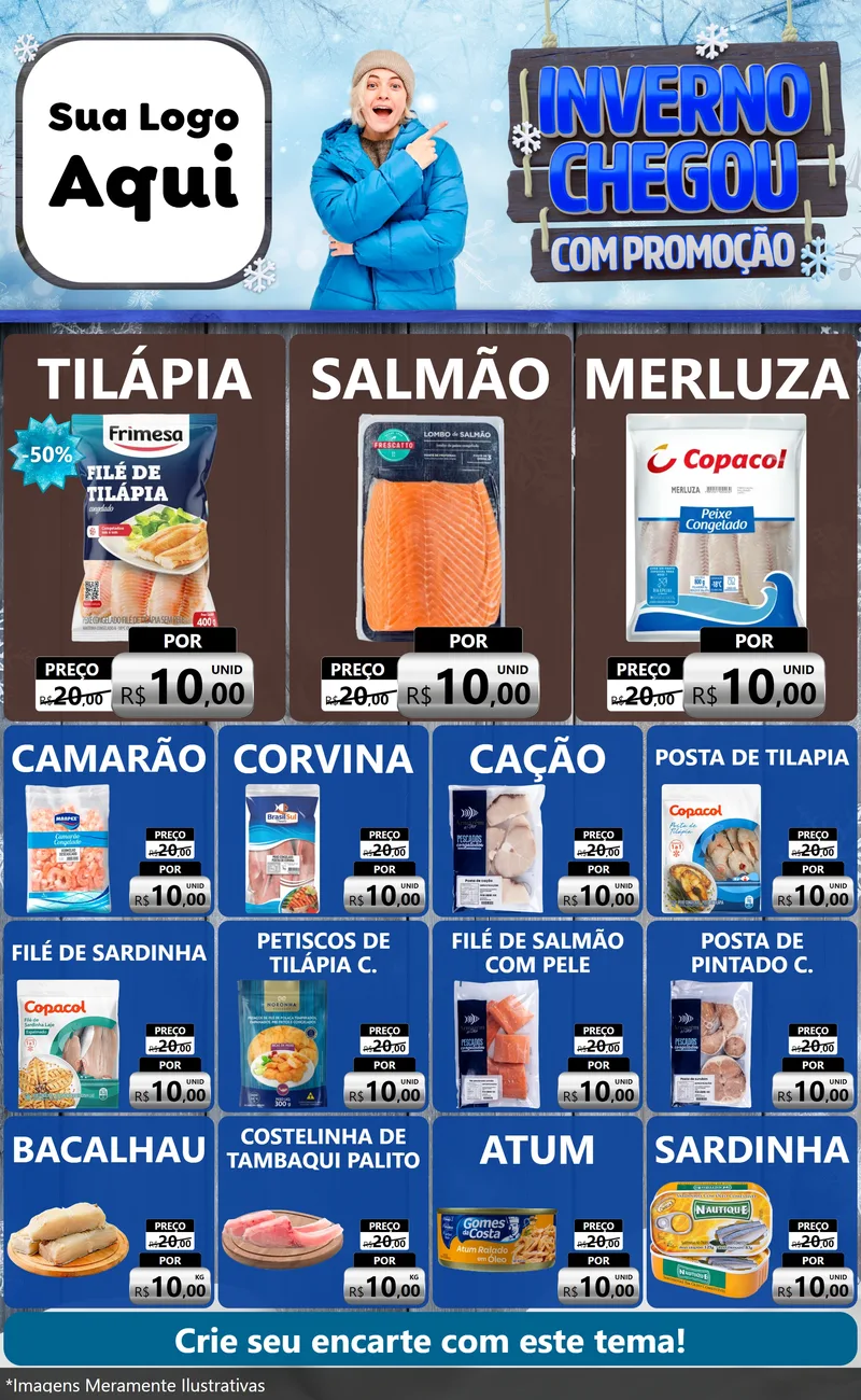 Modelo de Encarte para Encarte Grande com o tema Inverno Chegou Com Promoção para Peixaria
