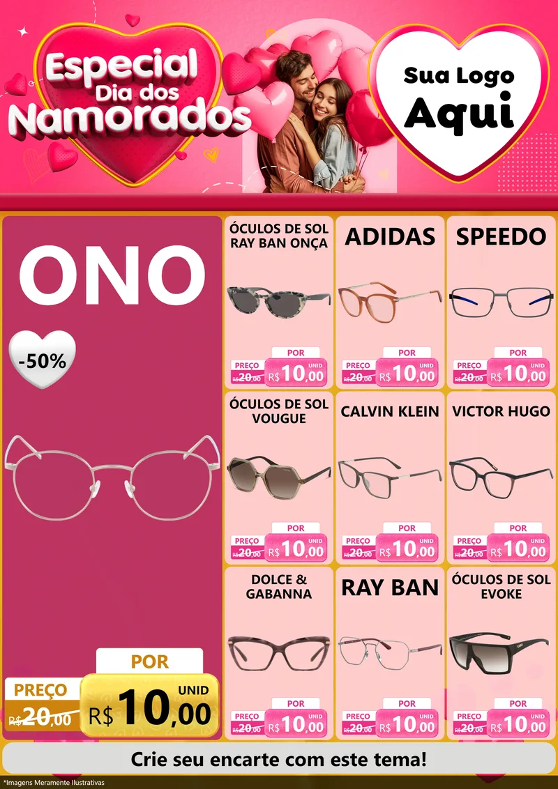 Modelo de Encarte para Encarte A4 Vertical com o tema Especial Dia dos Namorados para Óticas