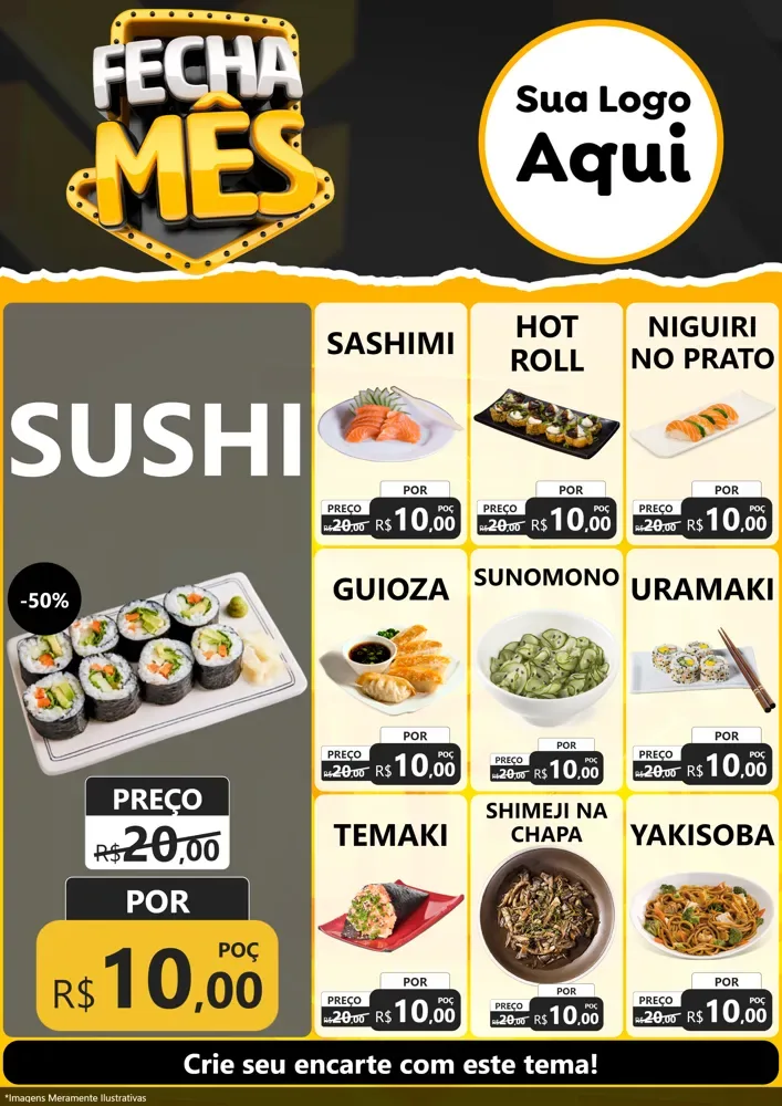 Modelo de Encarte para Encarte A4 Vertical com o tema Fecha Mês para Comida japonesa
