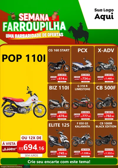 Modelo de Encarte para Encarte A4 Vertical com o tema Semana Farroupilha - Uma Barbaridade de Ofertas para Concessionaria de Motos