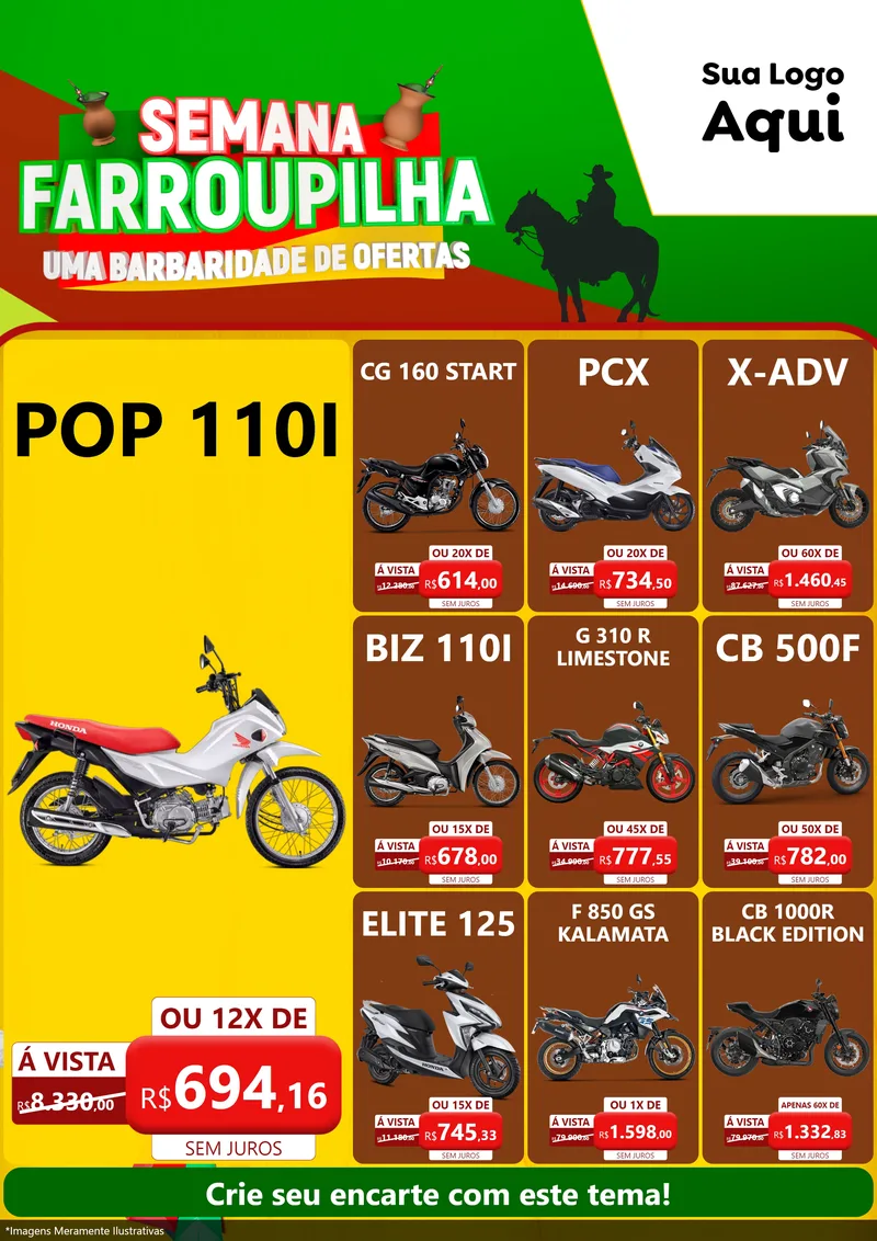 Modelo de Encarte para Encarte A4 Vertical com o tema Semana Farroupilha - Uma Barbaridade de Ofertas para Concessionaria de Motos