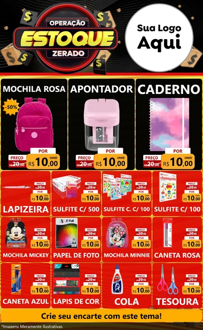 Modelo de Encarte para Encarte Grande com o tema Operação Estoque Zerado para Papelaria