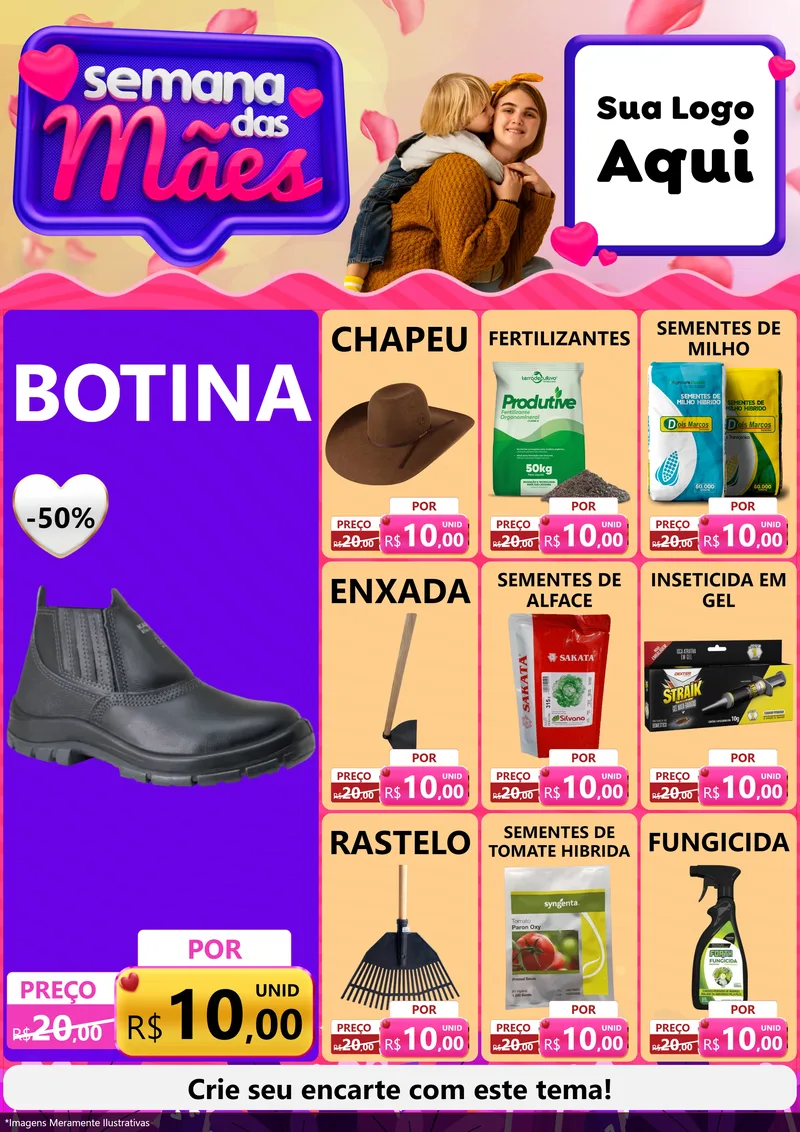 Modelo de Encarte para Encarte A4 Vertical com o tema Semana das Mães para Agropecuária