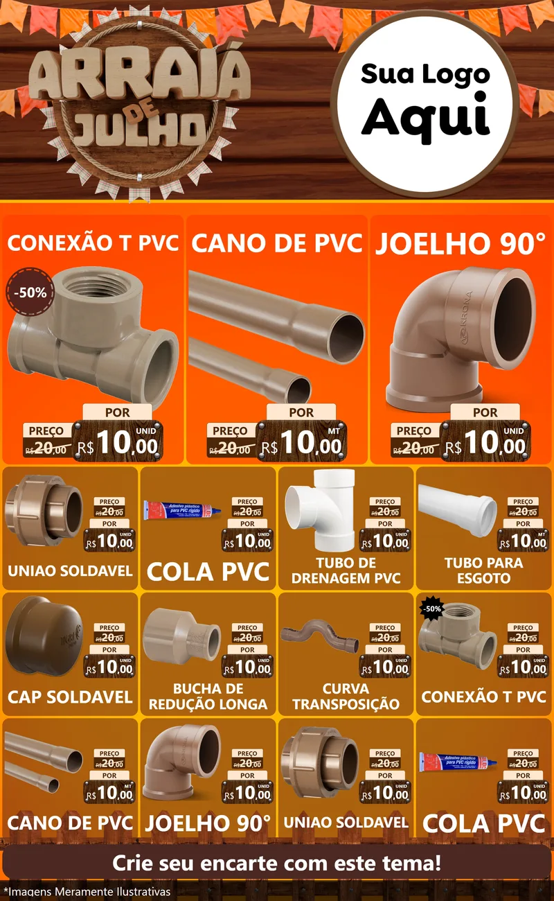 Modelo de Encarte para Encarte Grande com o tema Arraiá de Julho - Junina para Tubos e conexões