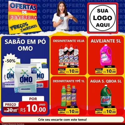 Modelo de Rede Social para Feed Facebook com o tema Ofertas de Fevereiro - Preços Incríveis para Produtos de Limpeza
