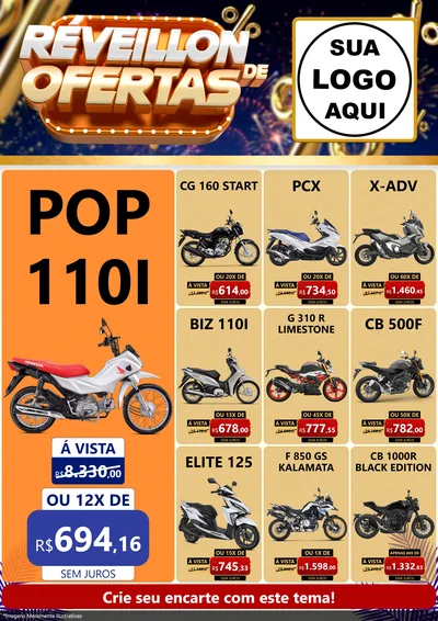 Modelo de Encarte para Encarte A4 Vertical com o tema Réveillon de Ofertas para Concessionaria de Motos