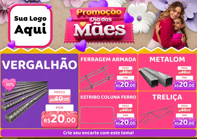 Modelo de Encarte para Encarte A4 Horizontal com o tema Promoção Dia das Mães para Ferragens