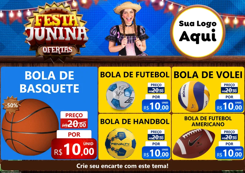 Modelo de Encarte para Encarte A4 Horizontal com o tema Festa Junina Ofertas para Artigos Esportivos