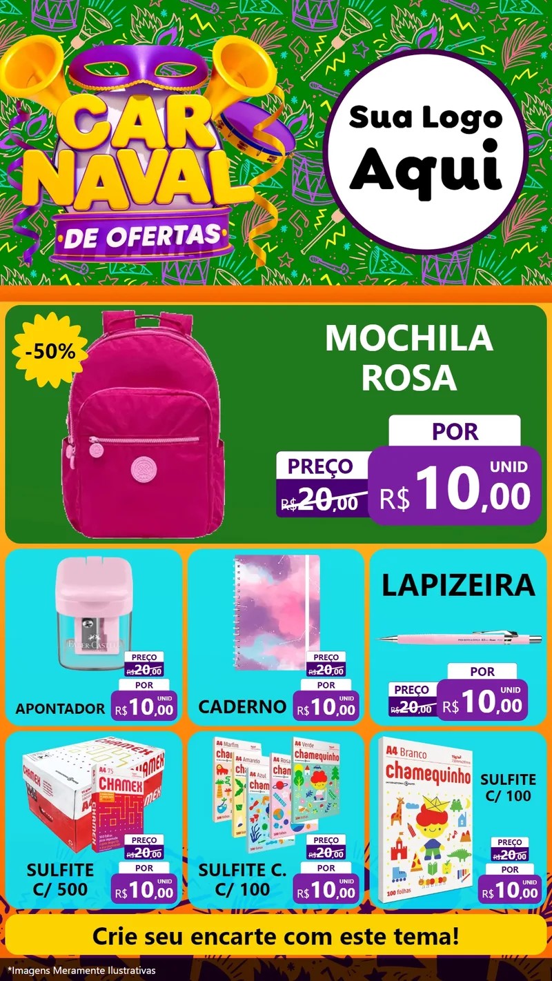 Modelo de Rede Social para Stories com o tema Carnaval de Ofertas para Papelaria