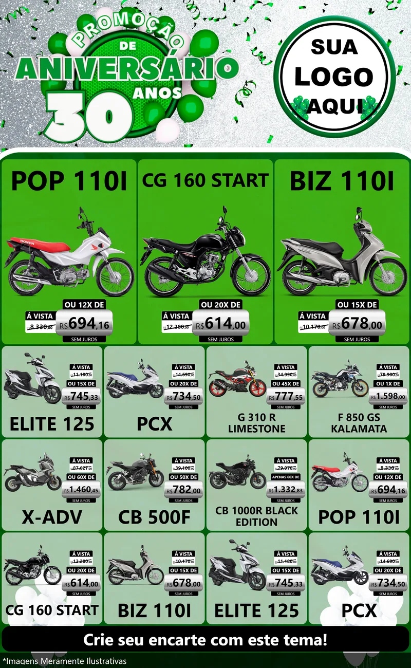 Modelo de Encarte para Encarte Grande com o tema Promoção de Aniversário - 30 Anos para Concessionaria de Motos