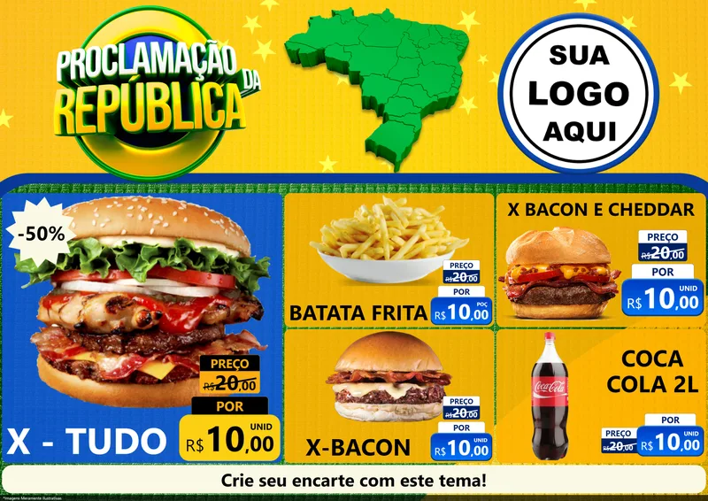 Modelo de Encarte para Encarte A4 Horizontal com o tema Proclamação da República para Hamburgueria