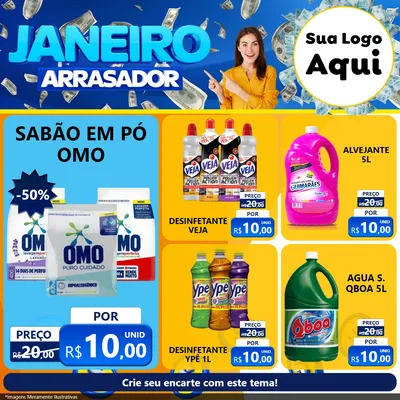 Modelo de Rede Social para Feed Facebook com o tema Janeiro Arrasador para Produtos de Limpeza