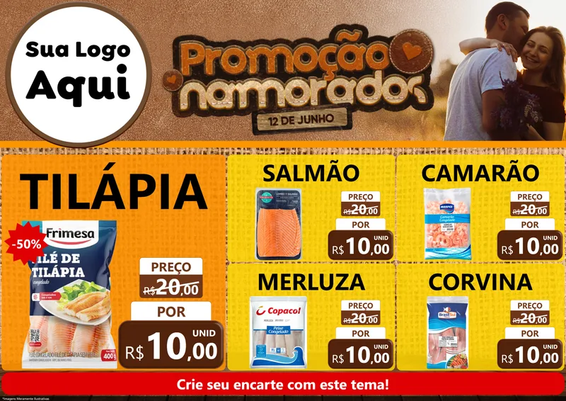 Modelo de Encarte para Encarte A4 Horizontal com o tema Promoção Namorados para Peixaria