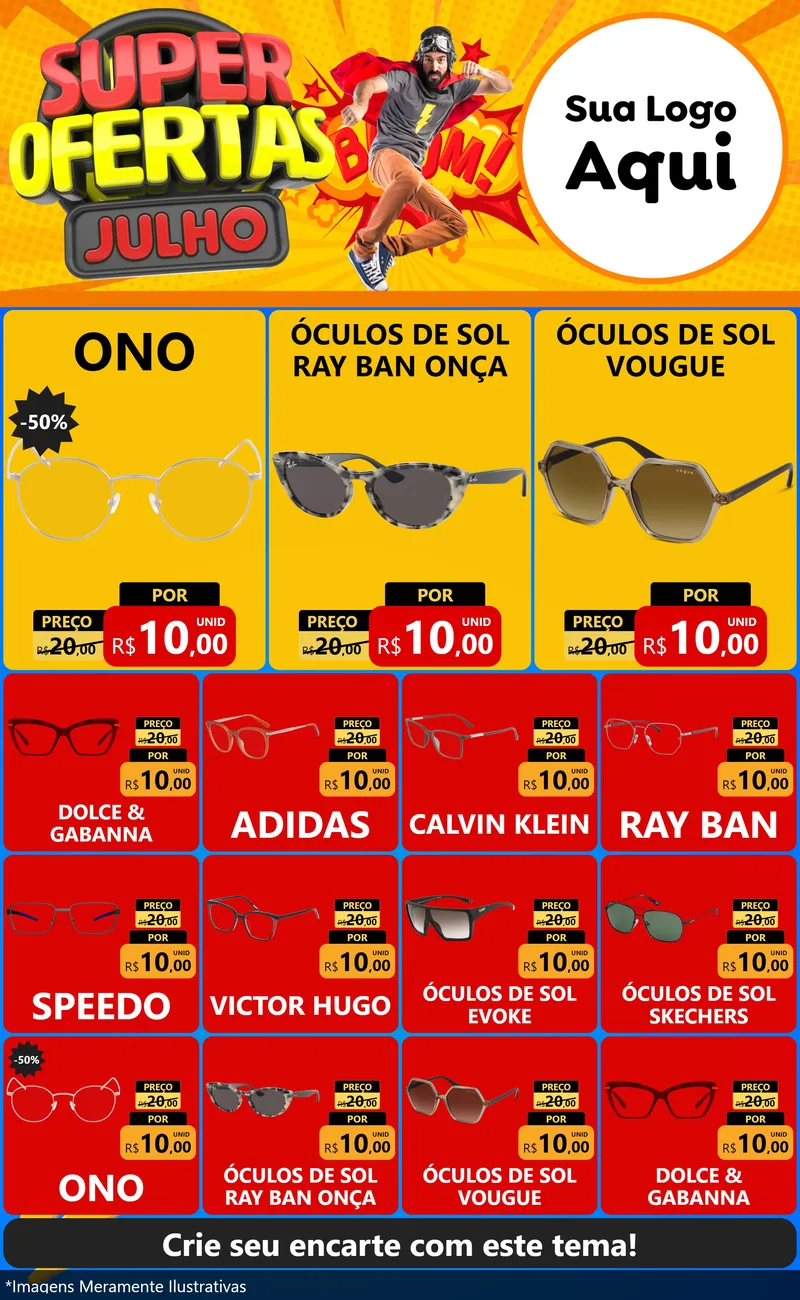 Modelo de Encarte para Encarte Grande com o tema Super Ofertas Julho para Óticas