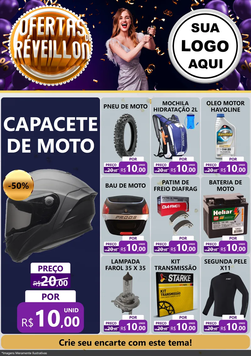 Modelo de Encarte para Encarte A4 Vertical com o tema Ofertas de Réveillon para Moto peças