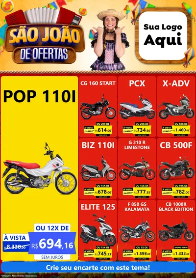 Modelo de Encarte para Encarte A4 Vertical com o tema São João de Ofertas para Concessionaria de Motos