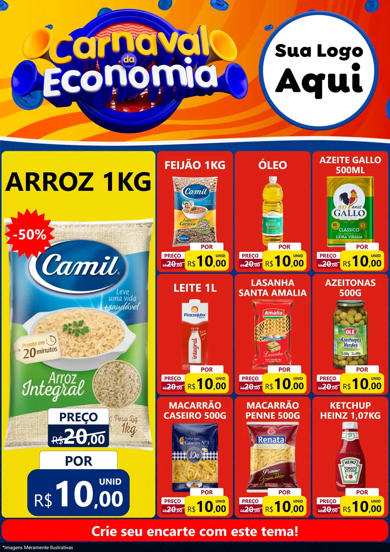 Modelo de Encarte para Encarte A4 Vertical com o tema Carnaval da Economia para Supermercado