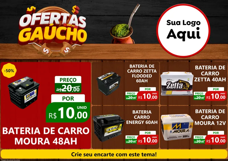 Modelo de Encarte para Encarte A4 Horizontal com o tema Ofertas Dia do Gaúcho para Baterias Elétricas