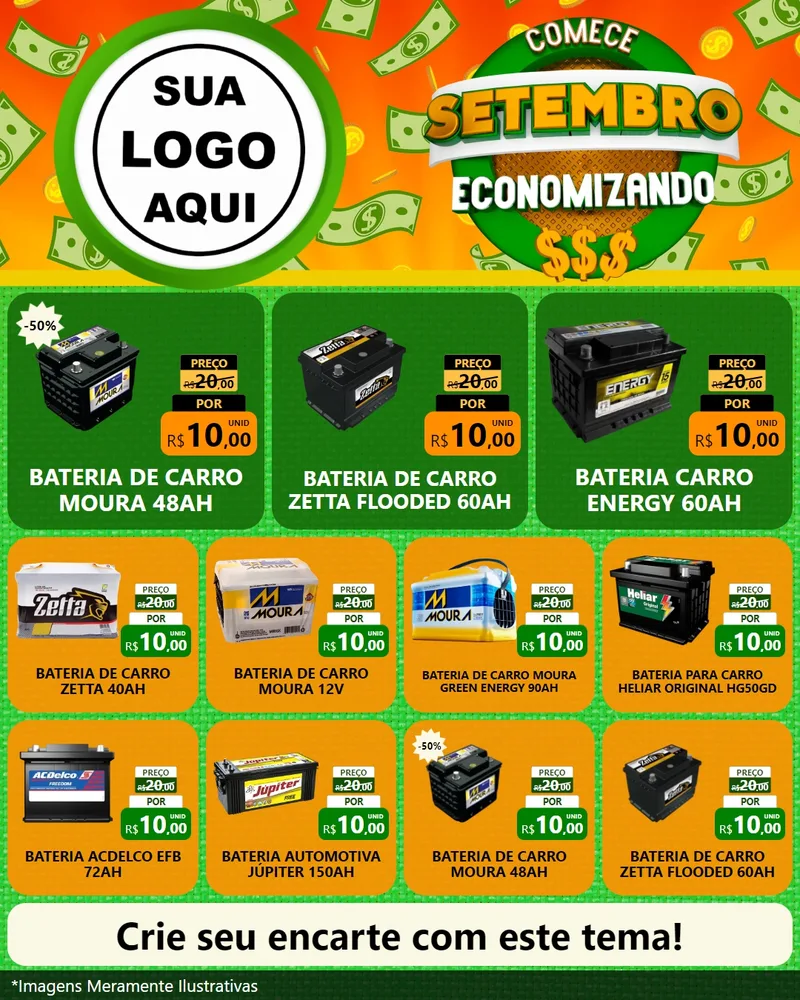 Modelo de Rede Social para Feed Instagram com o tema Comece Setembro Economizando para Baterias Elétricas