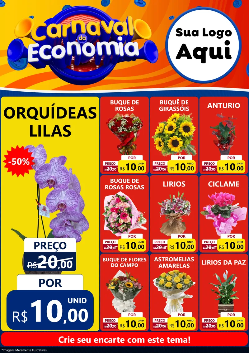 Modelo de Encarte para Encarte A4 Vertical com o tema Carnaval da Economia para Floricultura e jardim
