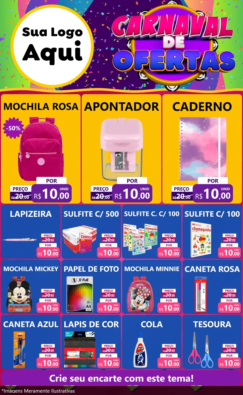 Modelo de Encarte para Encarte Grande com o tema Carnaval de Ofertas para Papelaria