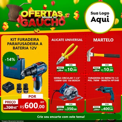 Modelo de Rede Social para Feed Facebook com o tema Ofertas Semana Do Gaúcho para Maquinas e Ferramentas