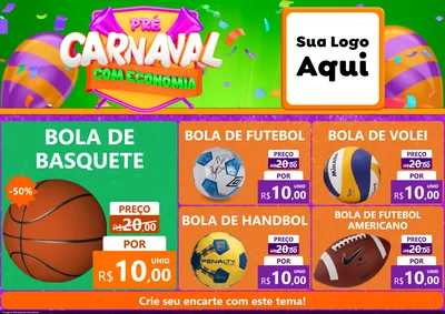 Modelo de Encarte para Encarte A4 Horizontal com o tema Pré-Carnaval Com Economia para Artigos Esportivos