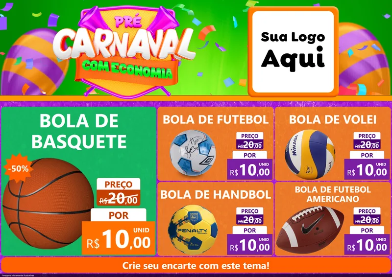 Modelo de Encarte para Encarte A4 Horizontal com o tema Pré-Carnaval Com Economia para Artigos Esportivos