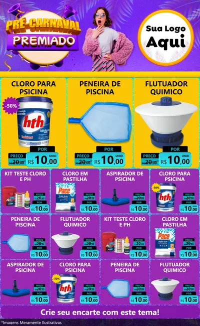 Modelo de Encarte para Encarte Grande com o tema Pré-Carnaval Premiado para Produtos para Piscina