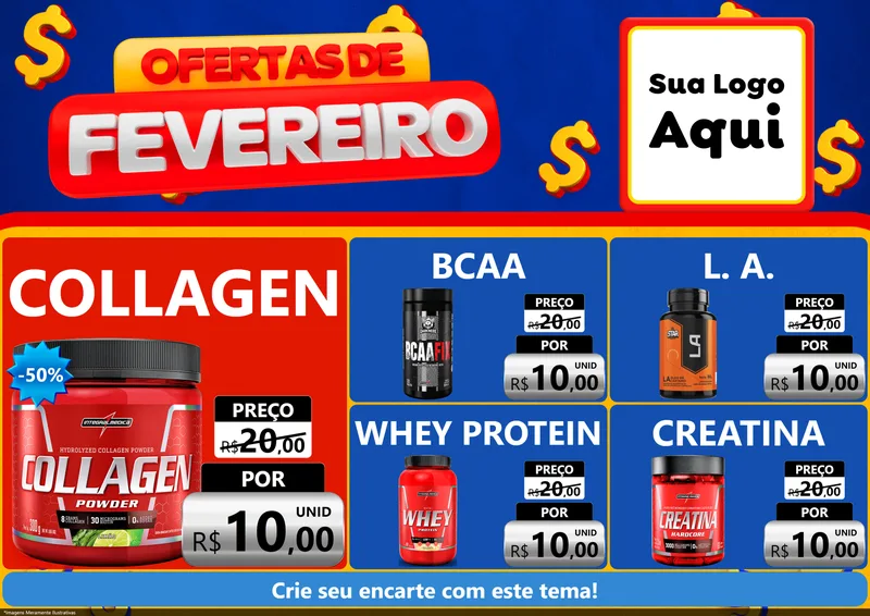 Modelo de Encarte para Encarte A4 Horizontal com o tema Ofertas de Fevereiro para Suplementos alimentares