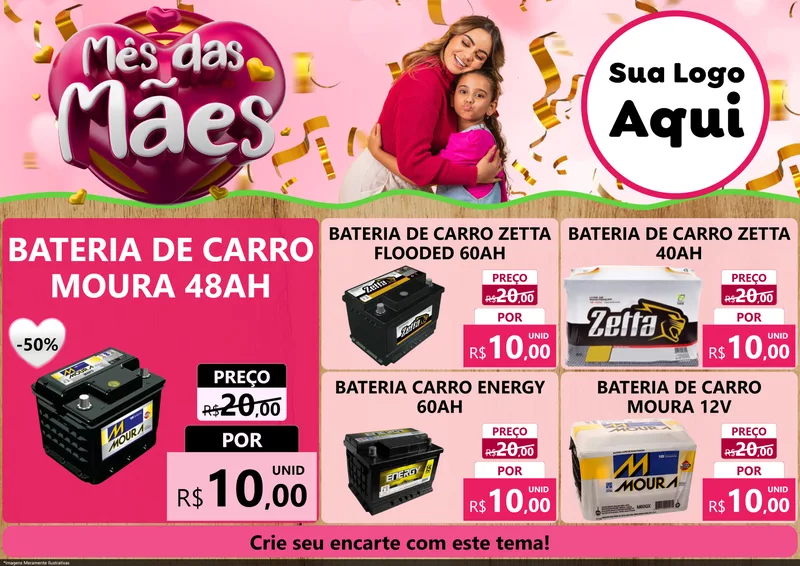 Modelo de Encarte para Encarte A4 Horizontal com o tema Mês das Mães para Baterias Elétricas