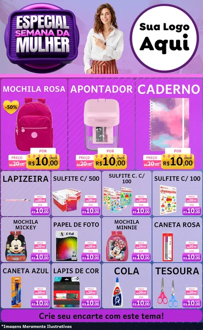 Modelo de Encarte para Encarte Grande com o tema Especial Semana da Mulher para Papelaria