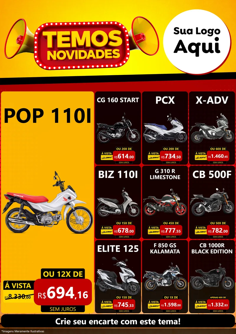 Modelo de Encarte para Encarte A4 Vertical com o tema Temos Novidades para Concessionaria de Motos