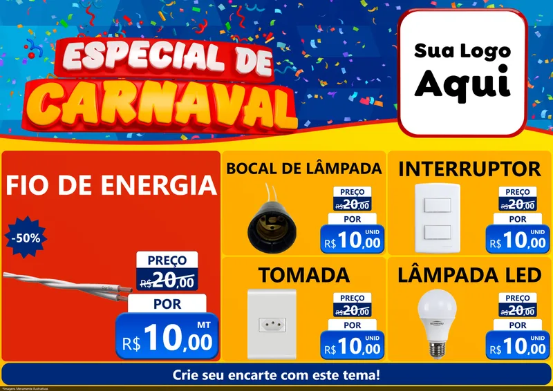 Modelo de Encarte para Encarte A4 Horizontal com o tema Especial de Carnaval para Materiais Elétricos