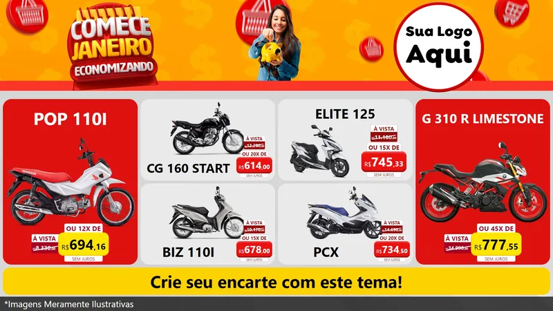 Modelo de TV para TV Horizontal com o tema Comece Janeiro Economizando para Concessionaria de Motos