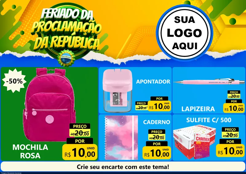 Modelo de Encarte para Encarte A4 Horizontal com o tema Feriado da Proclamação da República para Papelaria