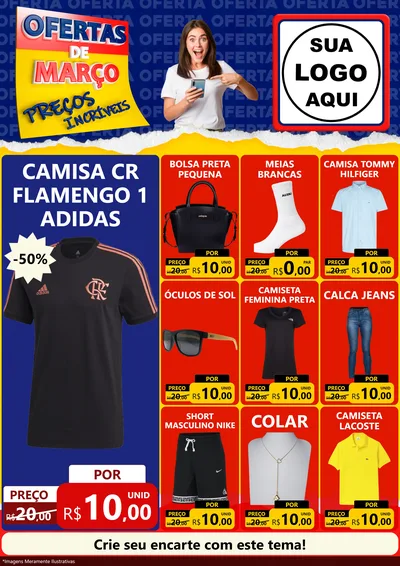 Modelo de Encarte para Encarte A4 Vertical com o tema Ofertas de Março - Preços Incríveis para Roupas e acessórios