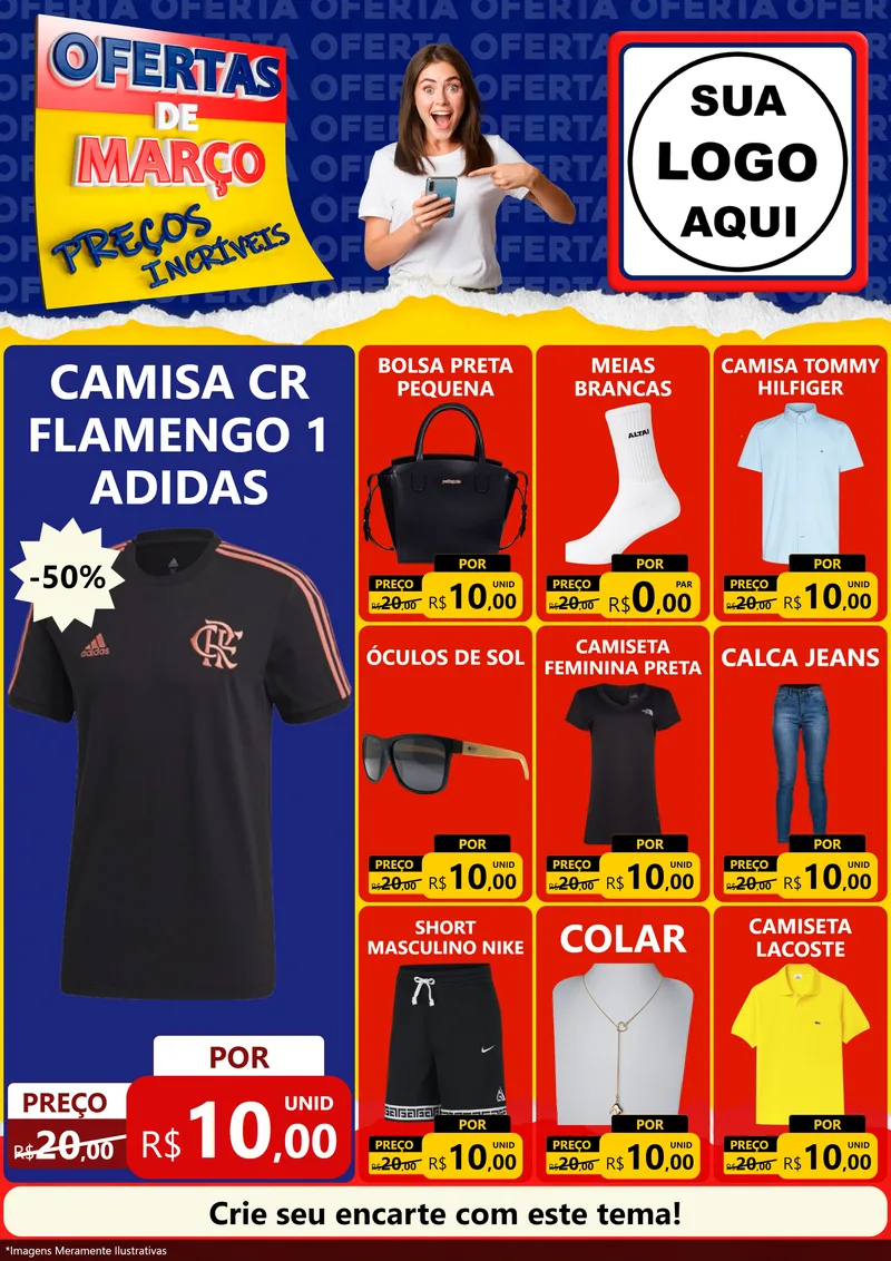 Modelo de Encarte para Encarte A4 Vertical com o tema Ofertas de Março - Preços Incríveis para Roupas e acessórios