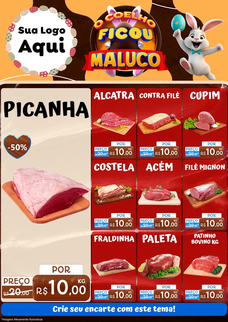 Modelo de Encarte para Encarte A4 Vertical com o tema O Coelho Ficou Maluco - Páscoa para Açougue