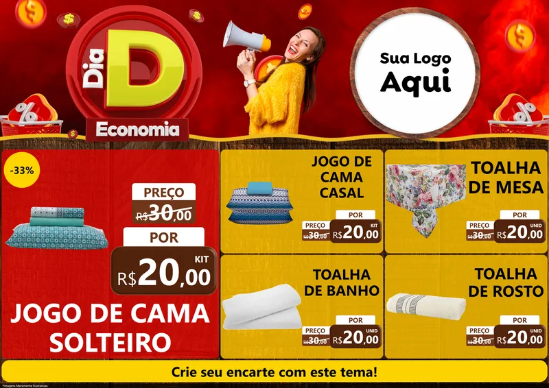 Modelo de Encarte para Encarte A4 Horizontal com o tema Dia D Economia para Cama, Mesa e Banho