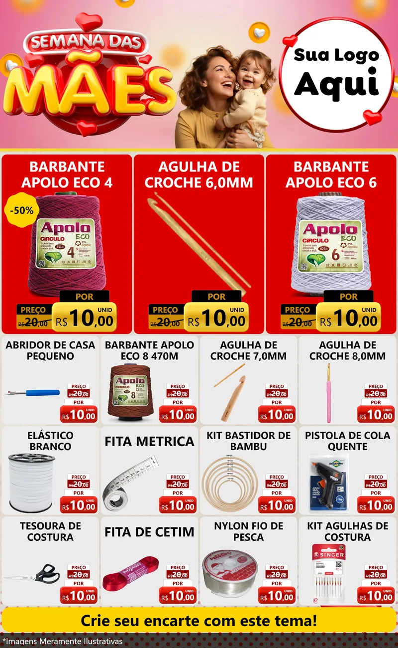 Modelo de Encarte para Encarte Grande com o tema Semana das Mães para Armarinho e Aviamentos