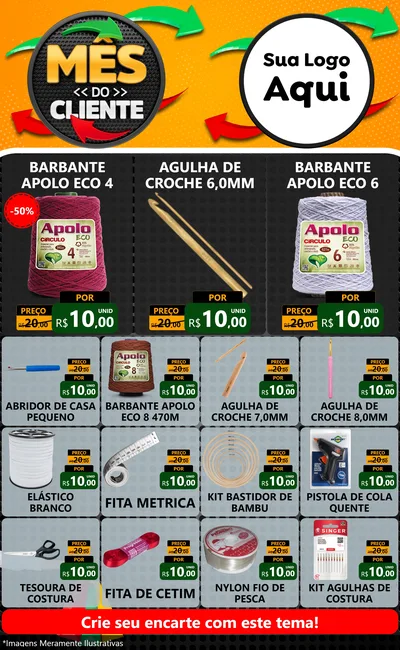 Modelo de Encarte para Encarte Grande com o tema Mês do Cliente para Armarinho e Aviamentos